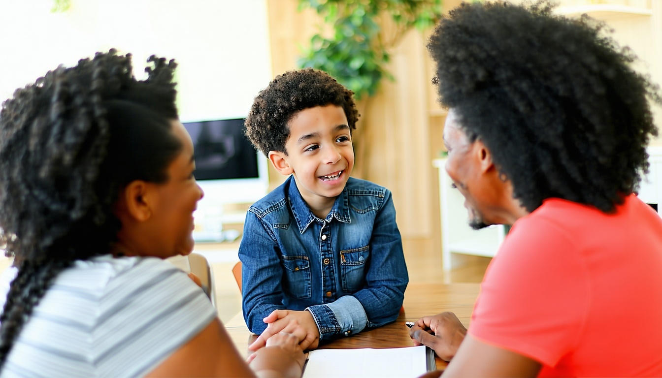 A family communicating effectively with the help of a life coach.